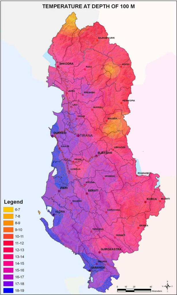 Figure 11 Territorial distributions of temperature at depth of 100 m in Albania